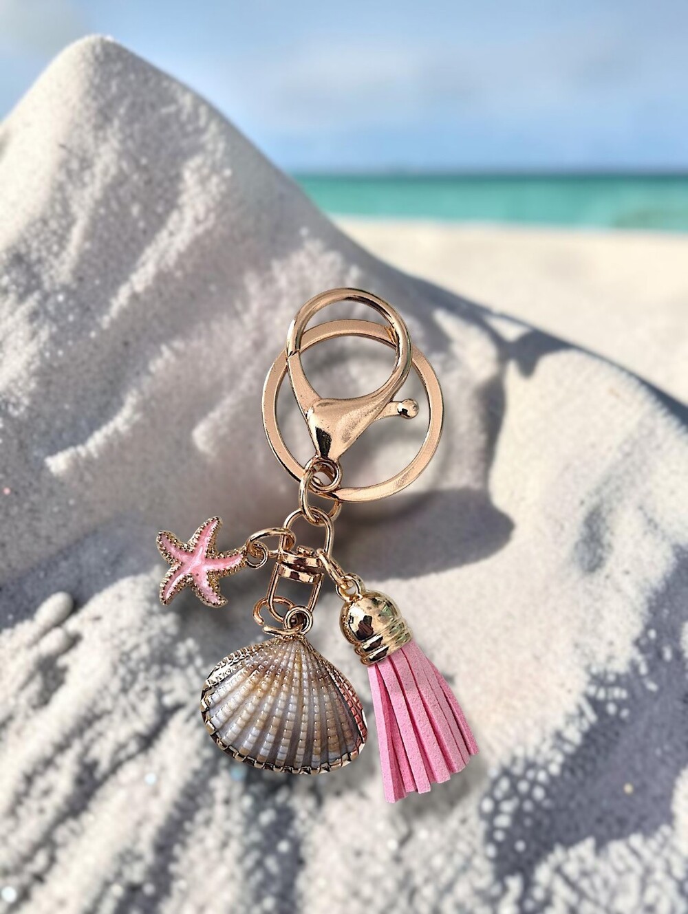 Coastal Bag Charm / Keychain with Lt. Pink Starfish & Pink Tassel